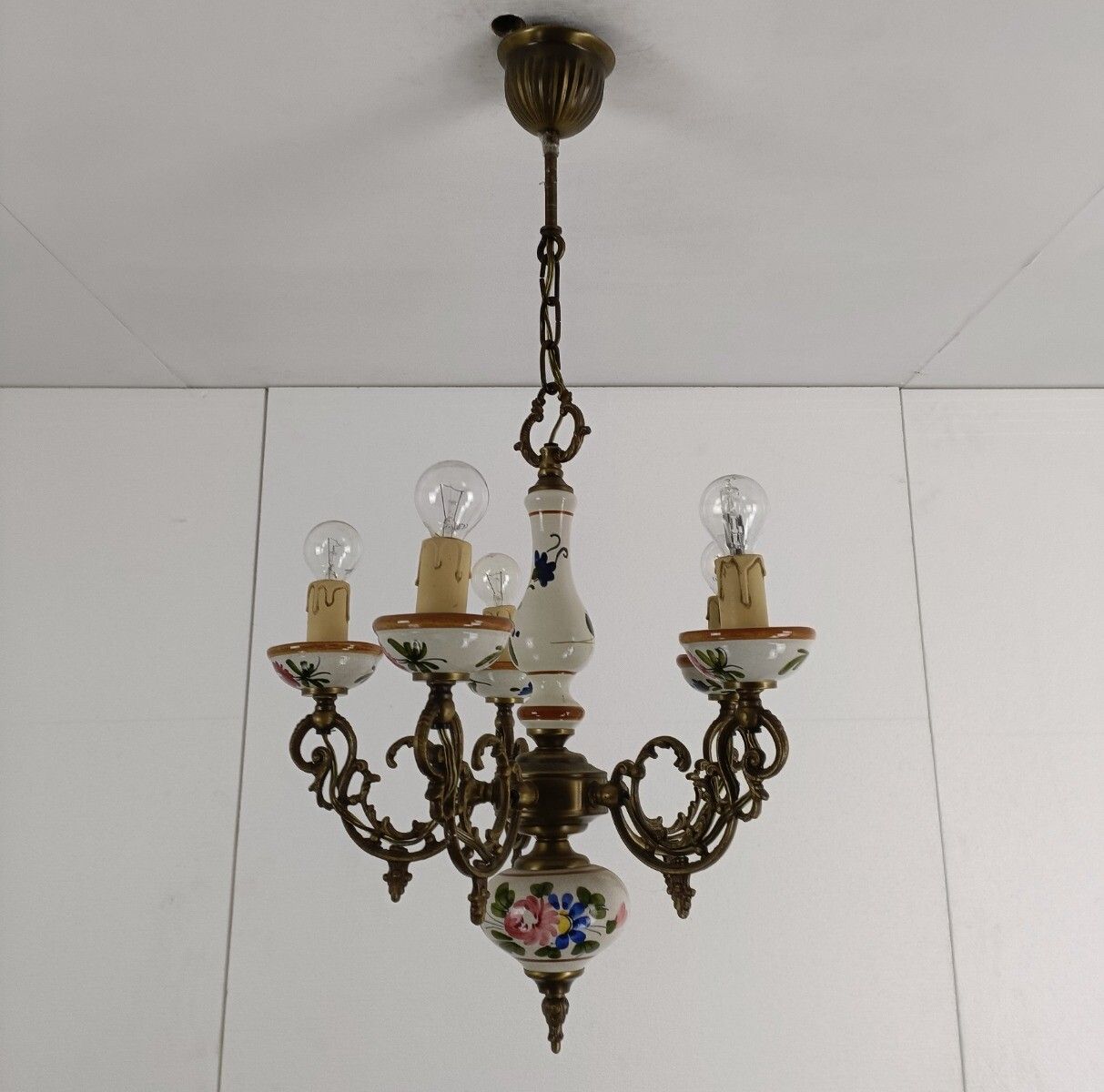 Italian Ceramic Polychrome Romantic Chandelier 5 Arms 5 Lights Brass Lovely photo 263.0