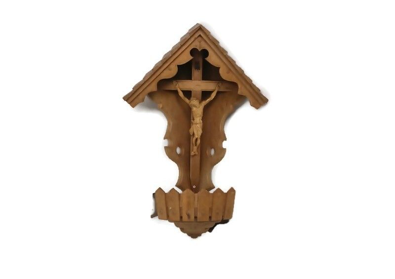 Stunning Corner Crucifix Hand Carved Folk Art Cross Jesus Christ Wall Hanging Ha