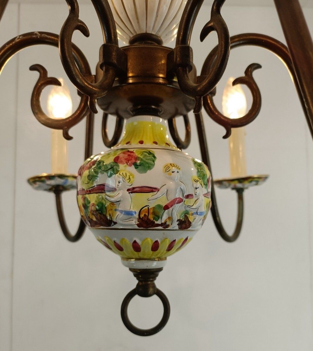 Chandelier 6 Arm Lights Brass Porcelain Flowers Italian Italy Capodimonte Style photo vinterior
