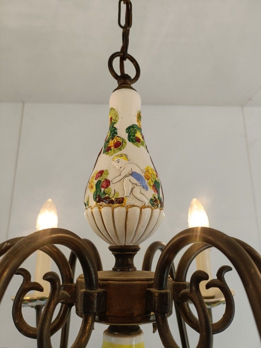 Chandelier 6 Arm Lights Brass Porcelain Flowers Italian Italy Capodimonte Style photo buy