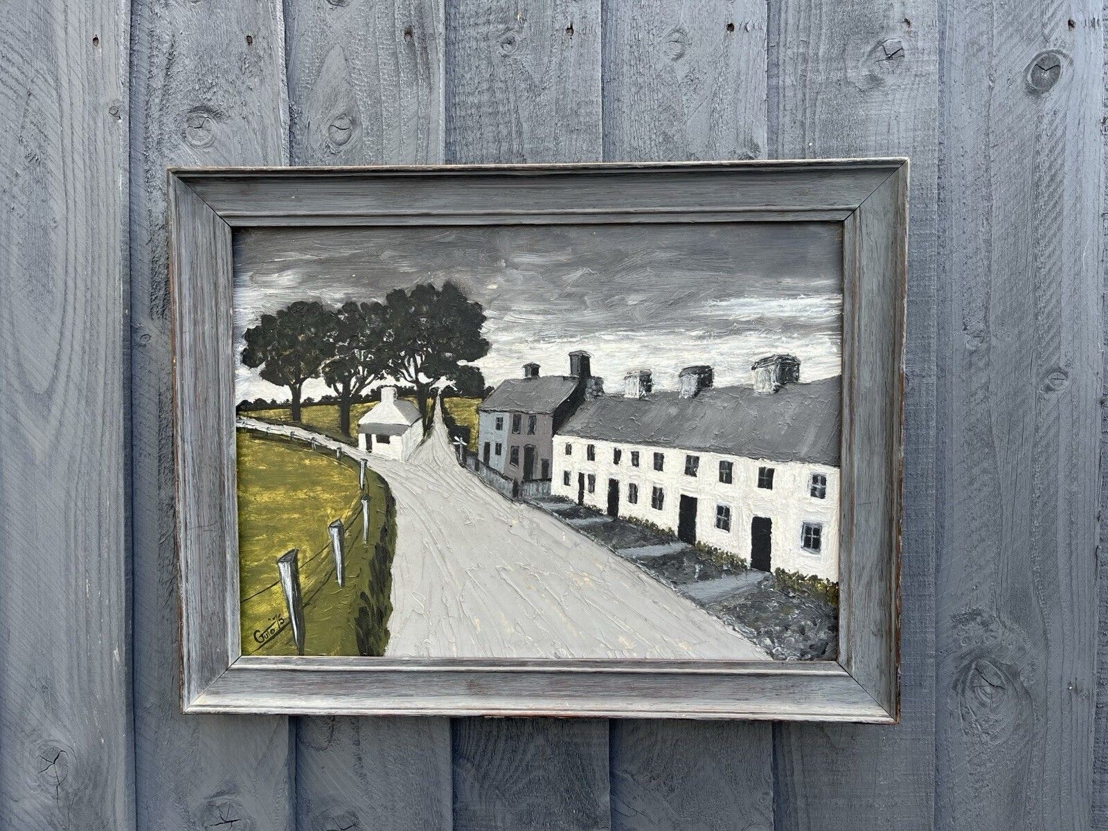 Original Vintage Framed Oil On Board Painting Naive Welsh Village Signed Guto photo Art