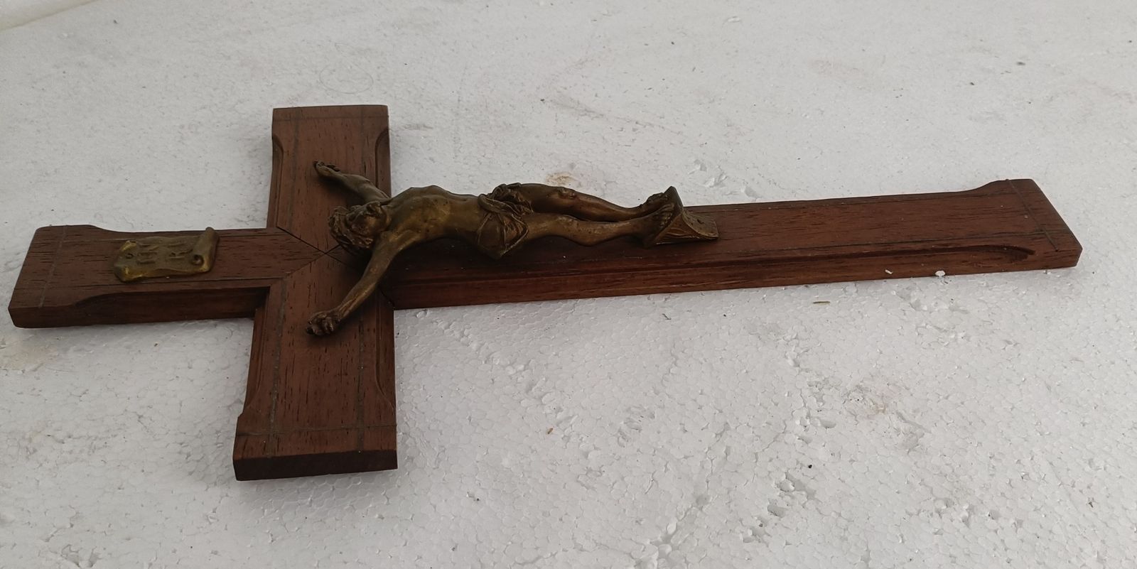 Hanging Crucifix Hand Carved Wood Brass Corpus Copper Inlay Beautiful Antique photo vinterior