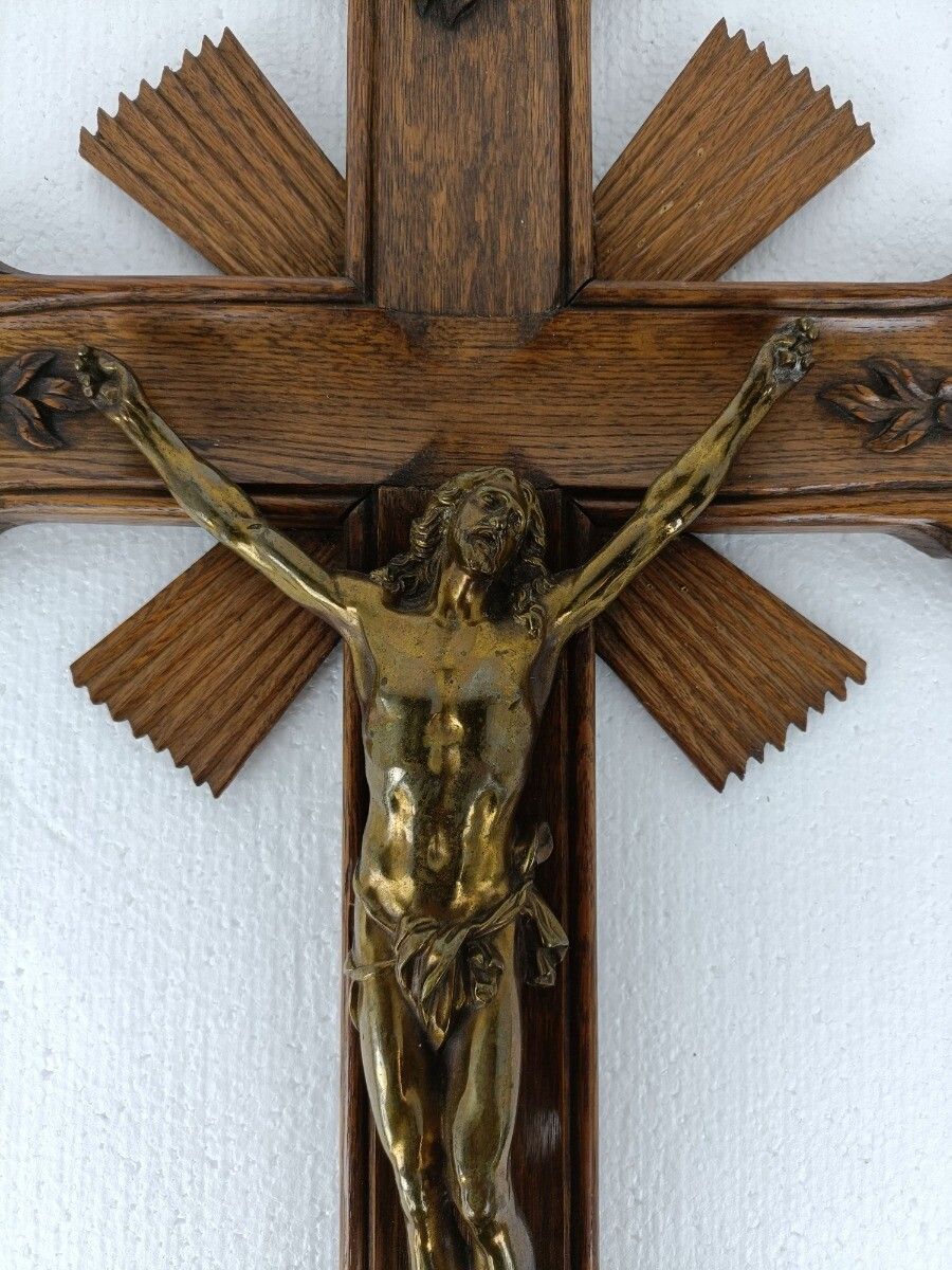 Large Hanging Crucifix Cross French Ornate Hand Carved Wood Brass Corpus photo buy