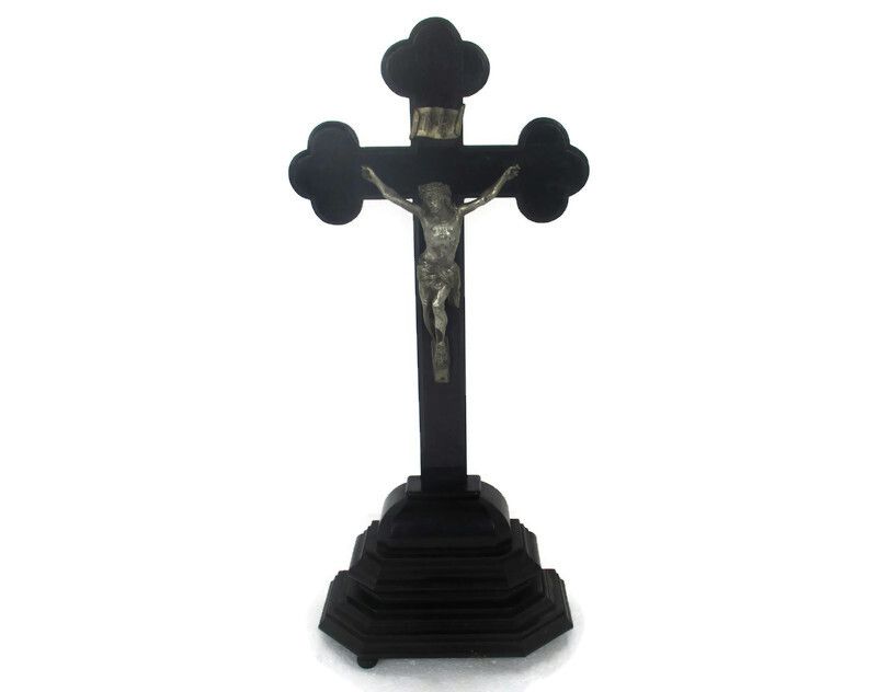 Antique Standing Crucifix Wood  Corpus Christi Hand Carved French Fleur De Lis
