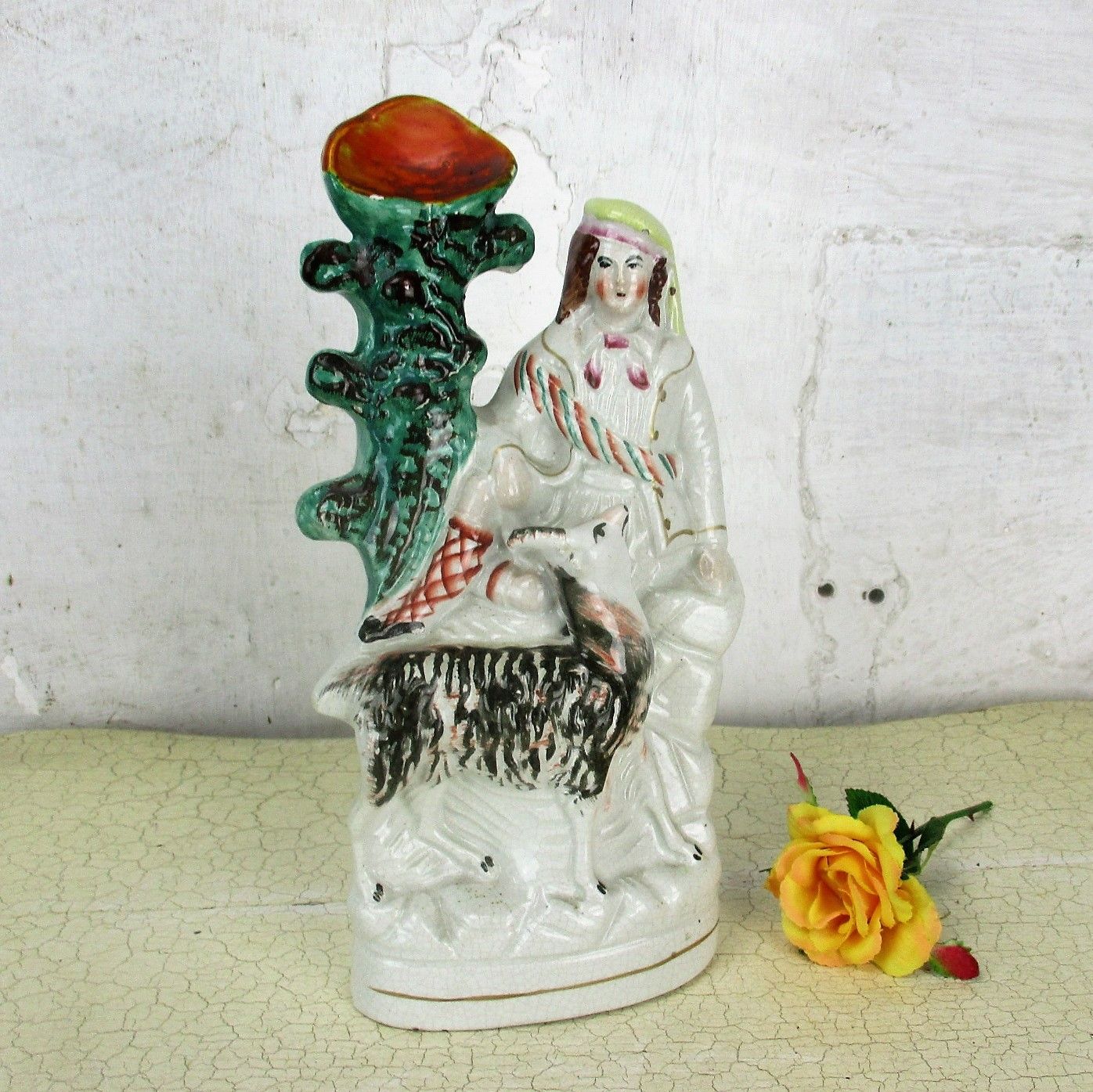 Antique Staffordshire  Porcelain Pottery Figurine Statue  Young Man Hunter Deer