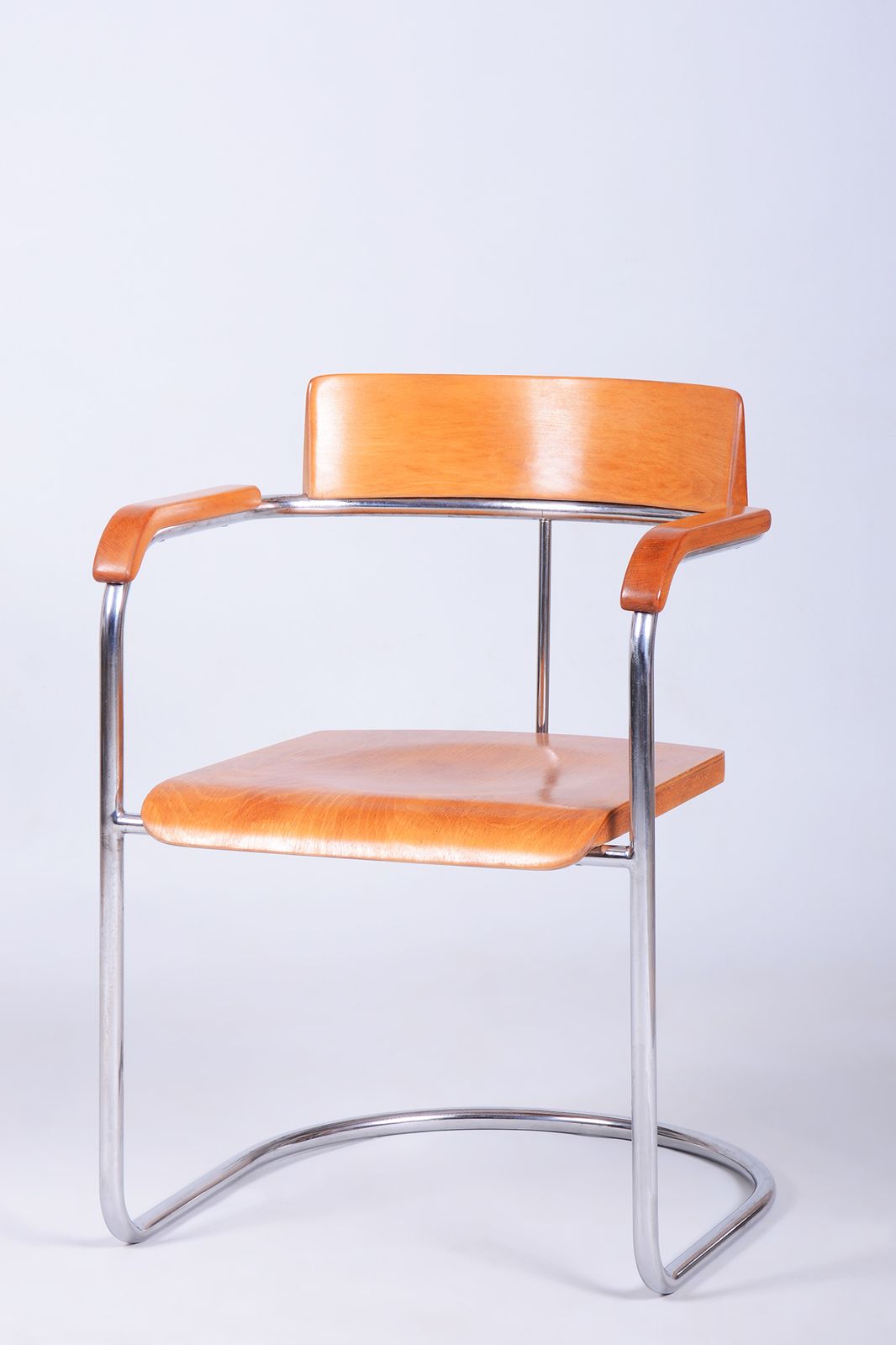 Restored Bauhaus Armchair, By Vichr A Spol., Chrome, Steel, Beech, Czech, 1930s