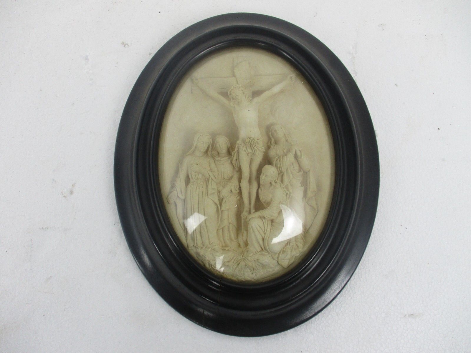 Antique Ornate Frame  Convex Glass Dome Wood Golgotha Jesus Christ Htf Collector photo for sale