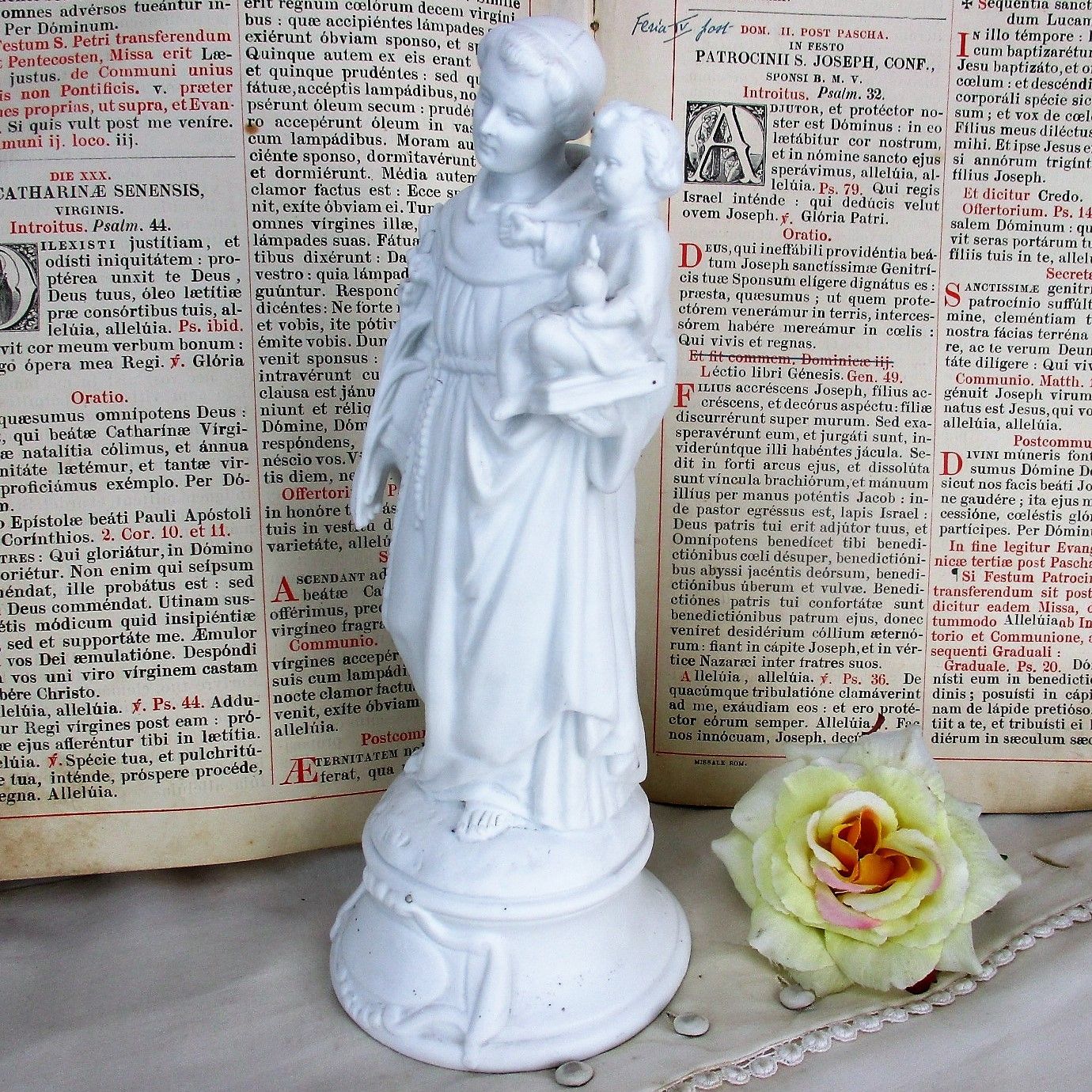 French Antique 1900 Bisque Statue Saint Anthony Padua Infant Child Lilies Marked photo for sale