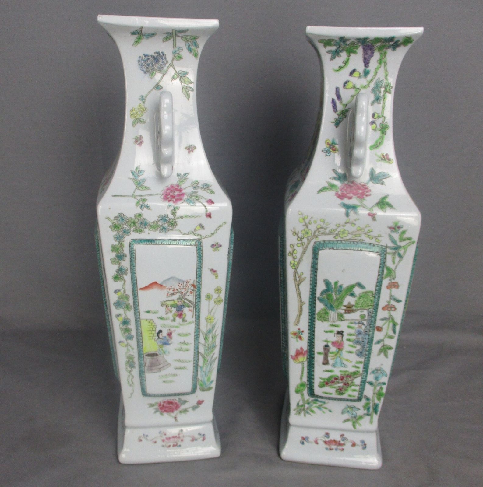 Pair Chinese Porcelain Famille Rose Vases Square Vase 17" photo for sale