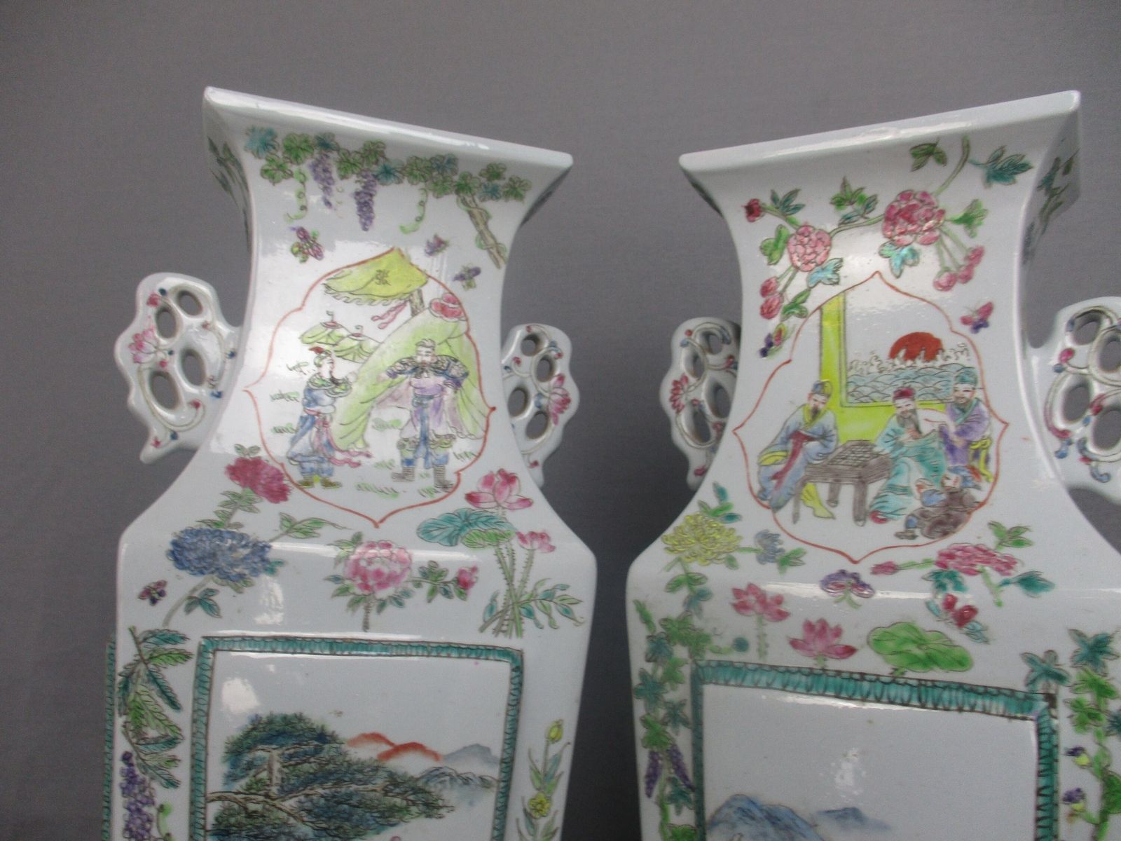 Pair Chinese Porcelain Famille Rose Vases Square Vase 17" photo vintage