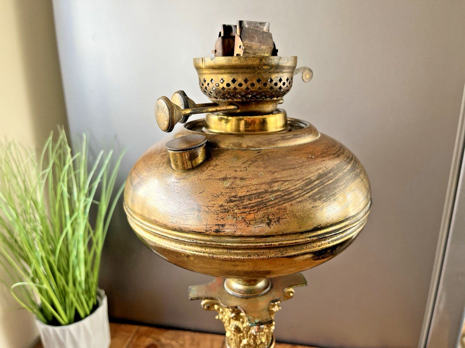 photo buy Large Antique Corinthian Column Table Oil Burner Lamp Acanthus Old Country House