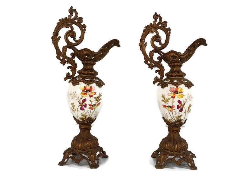 Large Couple Of Vases Pewters Porcelain Flower Pattern Ornate Spelter  50s Vinta