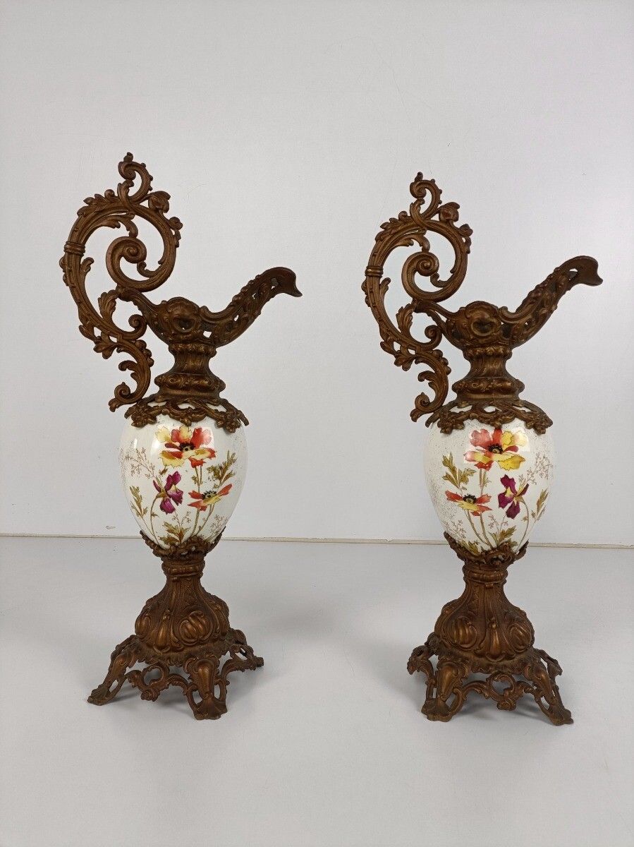 Large Couple Of Vases Pewters Porcelain Flower Pattern Ornate Spelter  50s Vinta photo furniture