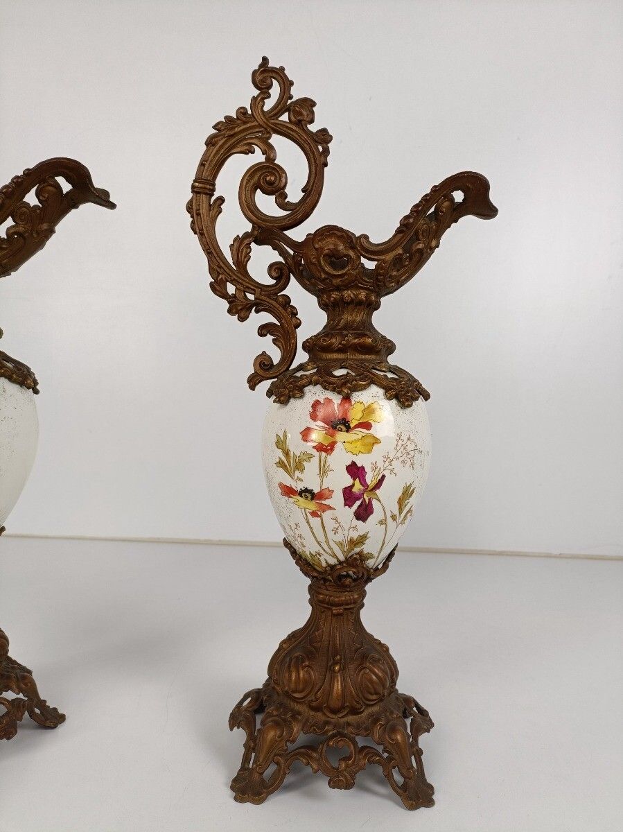 Large Couple Of Vases Pewters Porcelain Flower Pattern Ornate Spelter  50s Vinta photo Home Decor