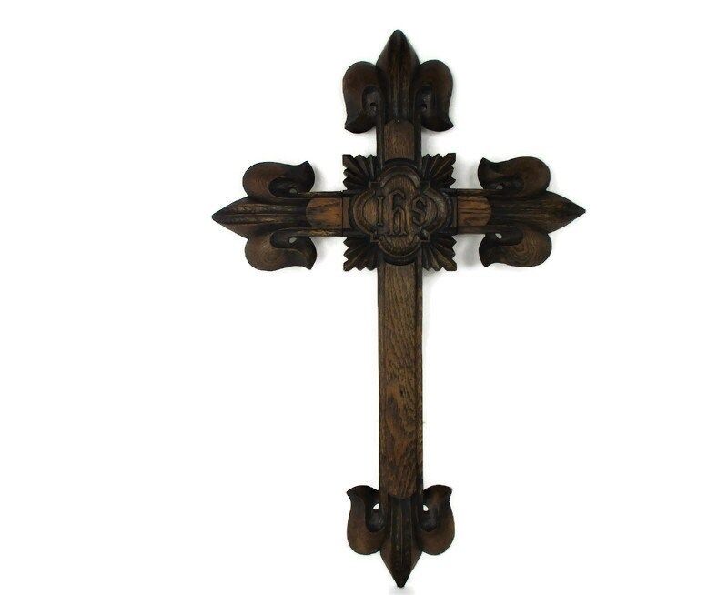 Xl French France Hanging Hand Carved Wooden Wall Crucifix Church Chapel Fleur De