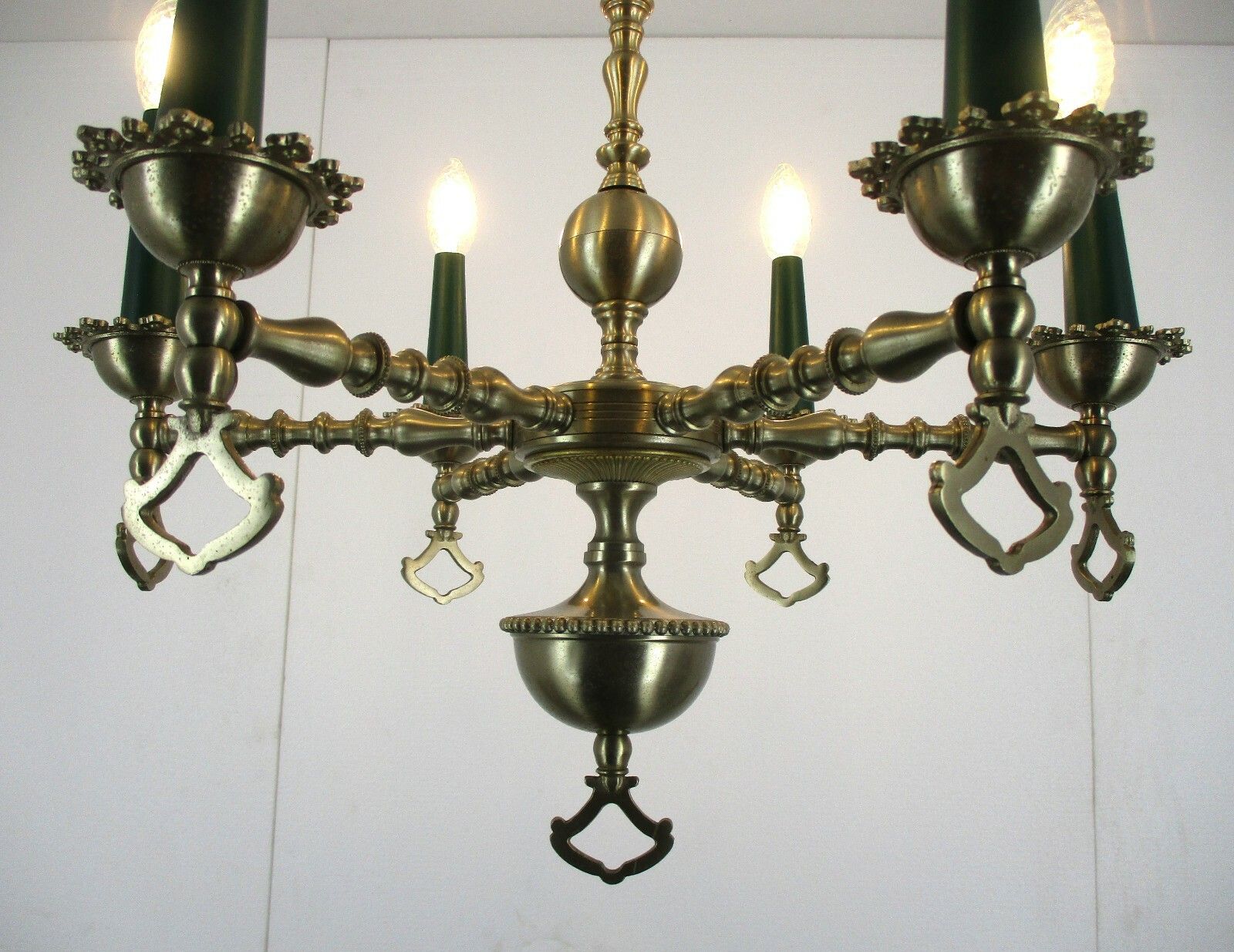 Chandelier Tin Look Messing Metal 6 Lights Edwardian Style Hobnails Rare Lovely photo for sale