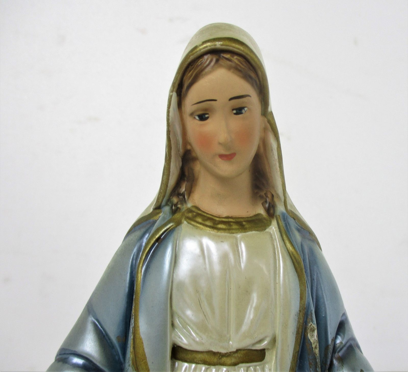 Vintage Statue Virgin Mary Our Lady Madonna Open Arms Shining Blue Plaster Lovel photo furniture