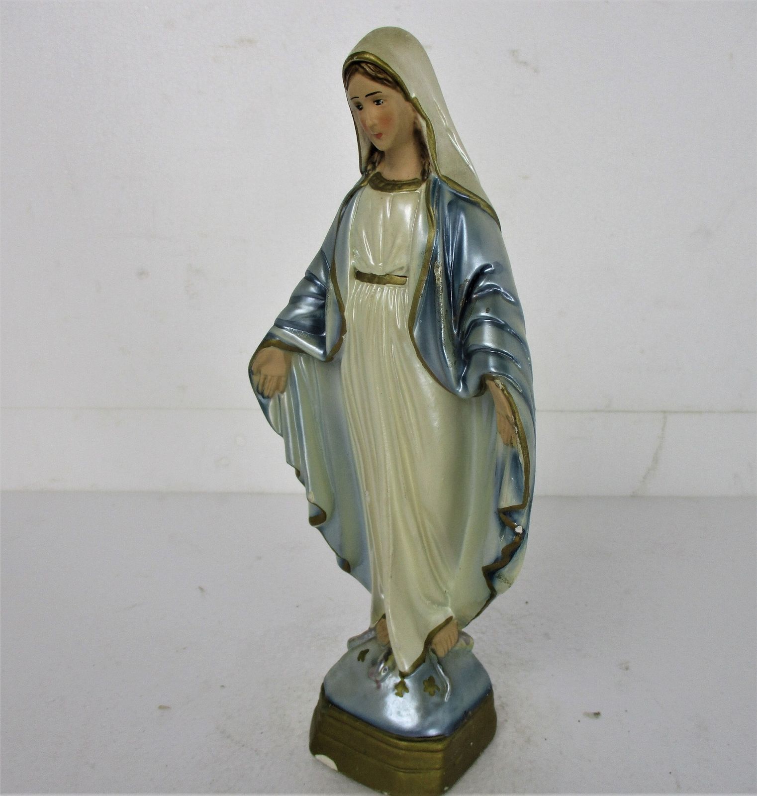 Vintage Statue Virgin Mary Our Lady Madonna Open Arms Shining Blue Plaster Lovel photo buy