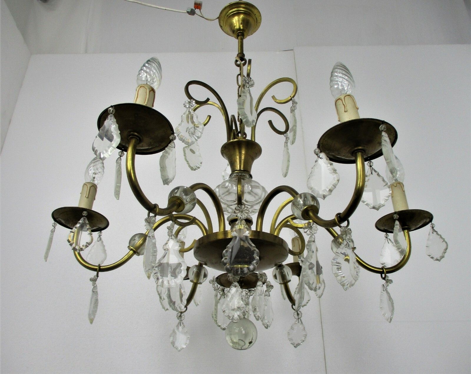 6 Arm Lights Pan Chandelier Revival French Empire Style Brass Ornate Prisms Wow photo vintage
