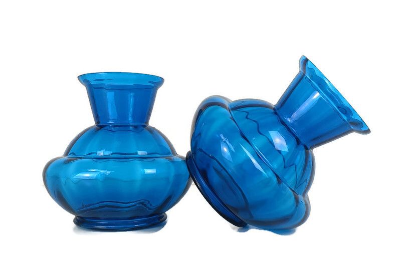 Pair Blue Art Deco  Hooped Vases  Art Glass Antique Gorgeous