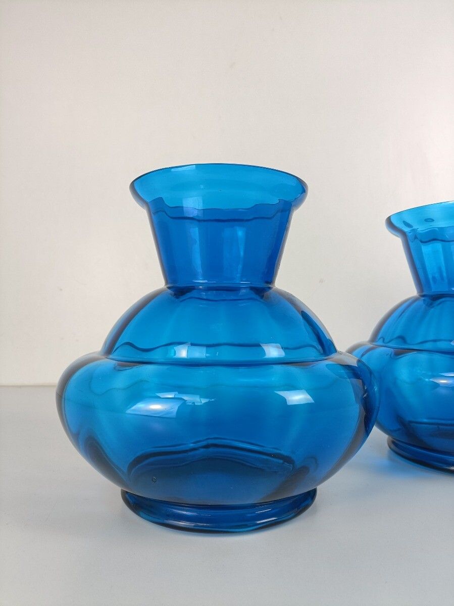 Pair Blue Art Deco  Hooped Vases  Art Glass Antique Gorgeous photo Home Decor
