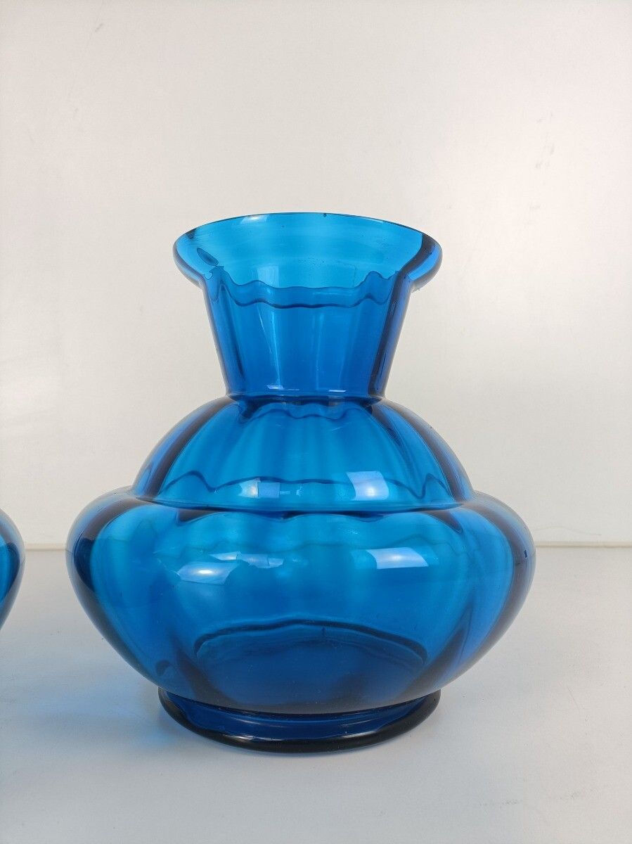 Pair Blue Art Deco  Hooped Vases  Art Glass Antique Gorgeous photo 323.0