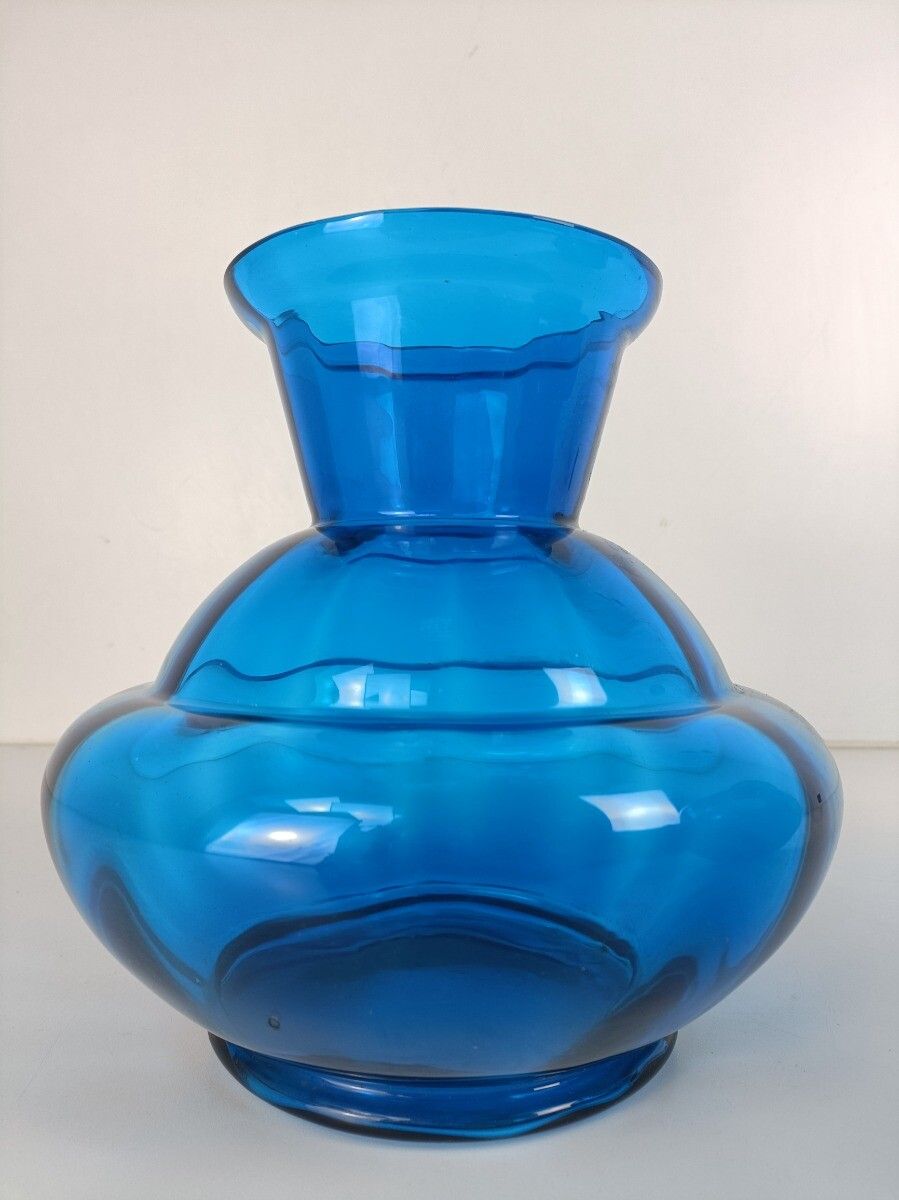 photo for sale Pair Blue Art Deco  Hooped Vases  Art Glass Antique Gorgeous