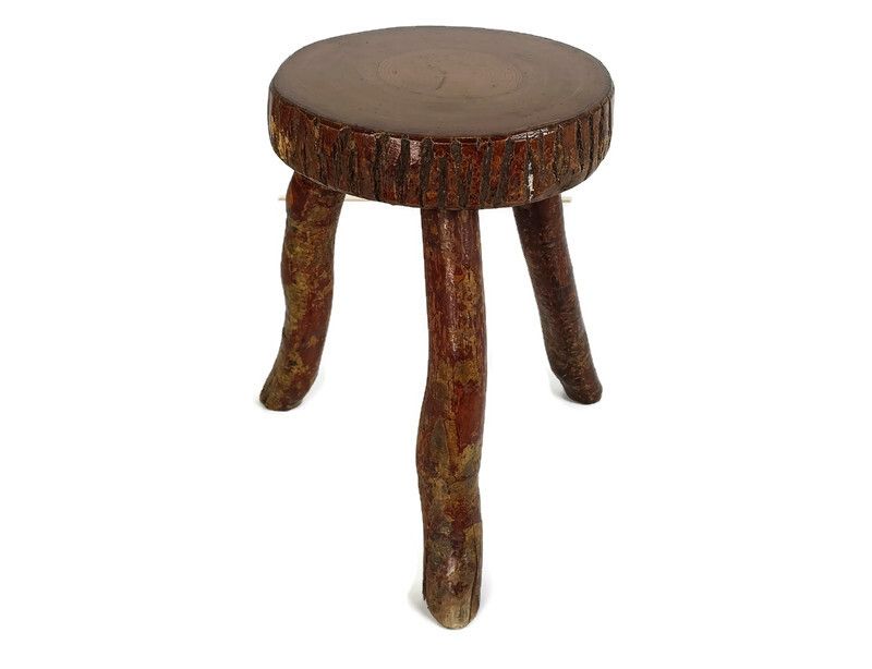 Hand Carved Wood Milking Stool Pedestal Table Pedestal French Brutalist Steampun