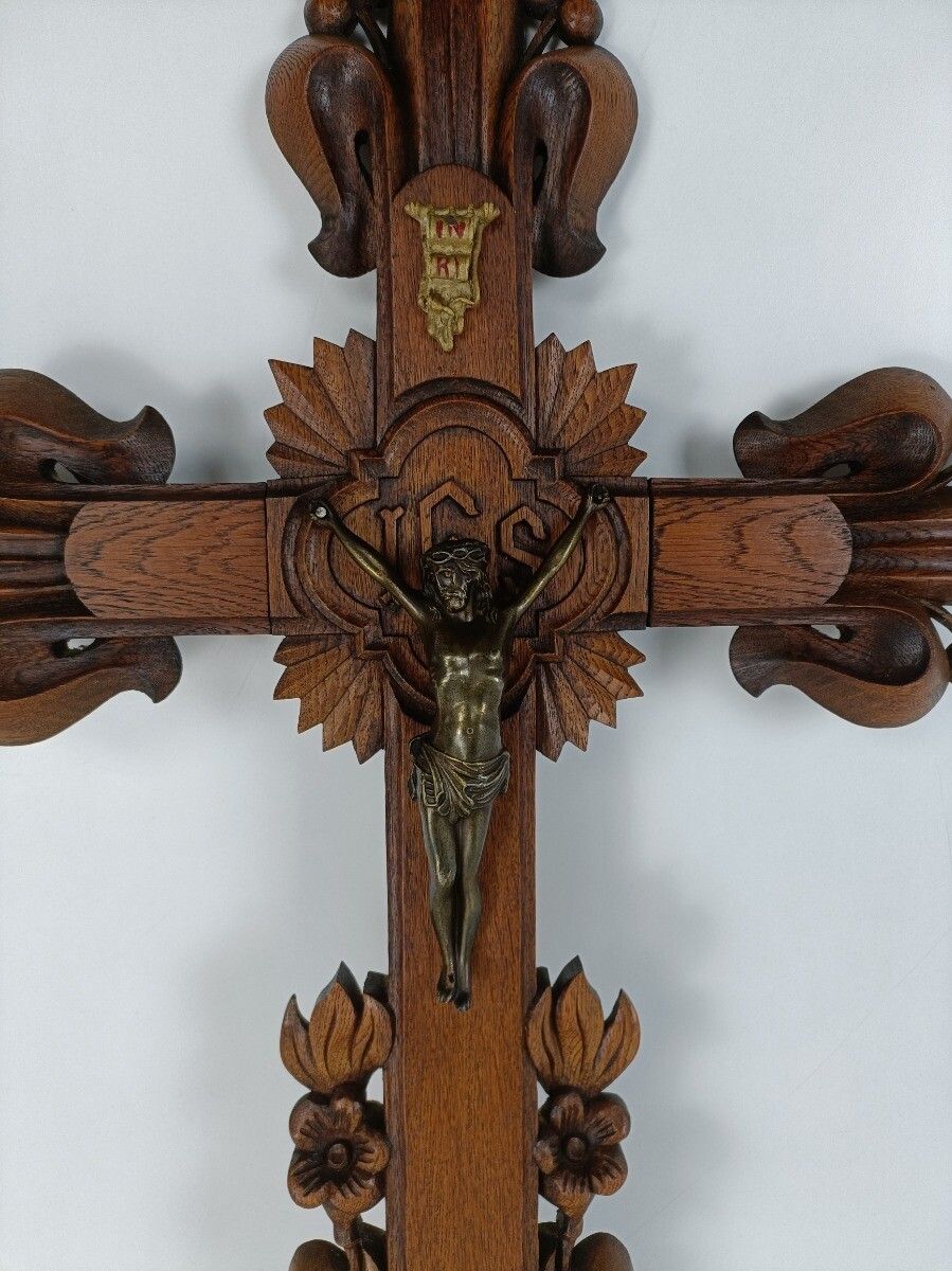 Large Hand Carved Wooden French Hanging Crucifix Cross Grapes French Gorgeous photo for sale