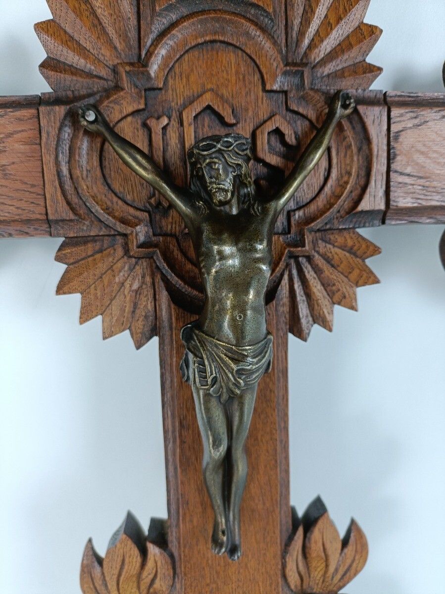 Large Hand Carved Wooden French Hanging Crucifix Cross Grapes French Gorgeous photo vinterior