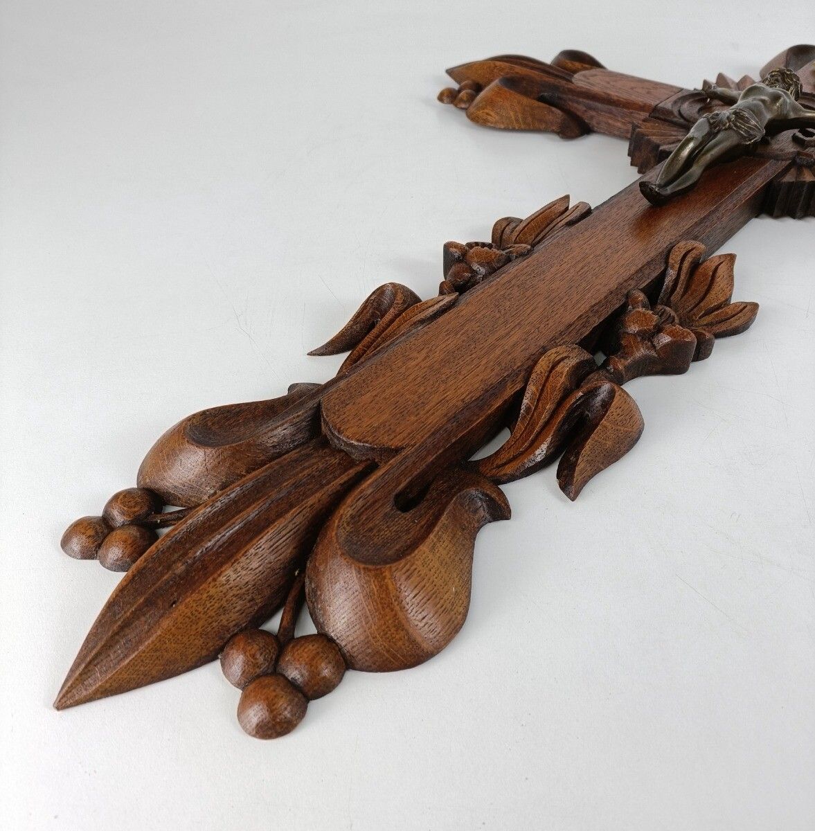 Large Hand Carved Wooden French Hanging Crucifix Cross Grapes French Gorgeous photo vintage