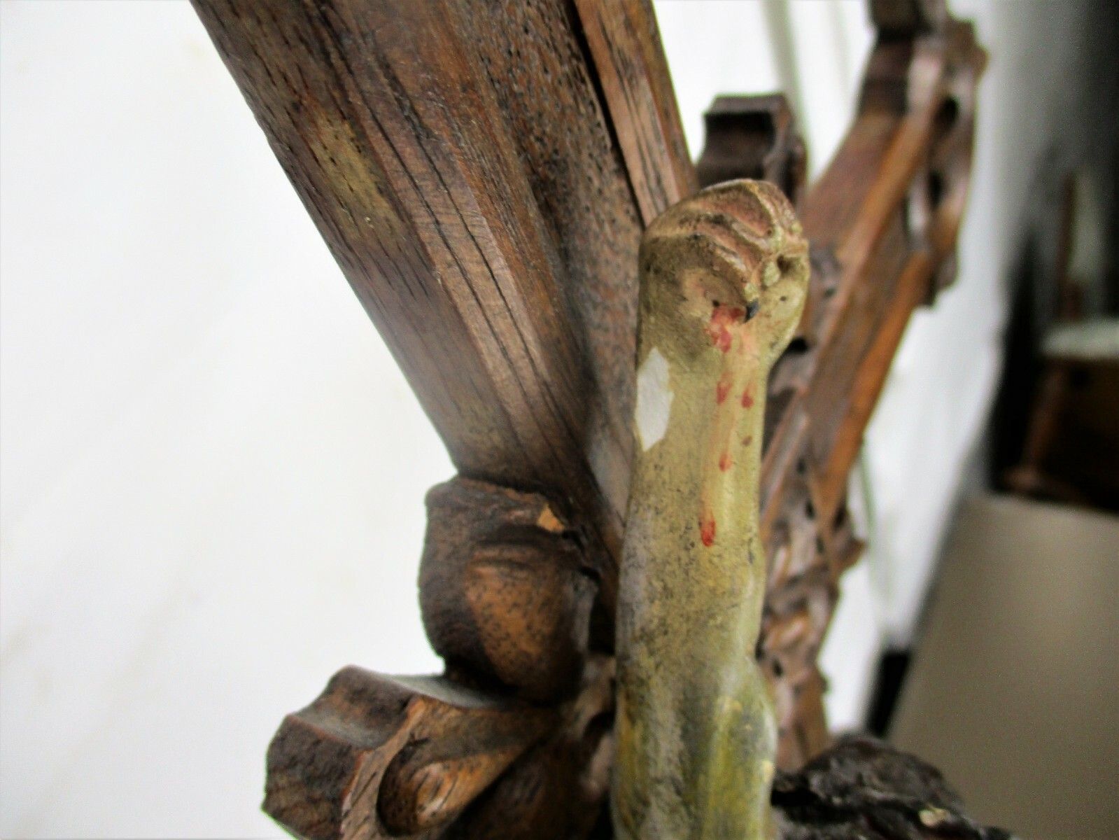 French Standing Crucifix Corpus Christi Hand Carved Wood Oak Plaster Art Piece photo 352.0