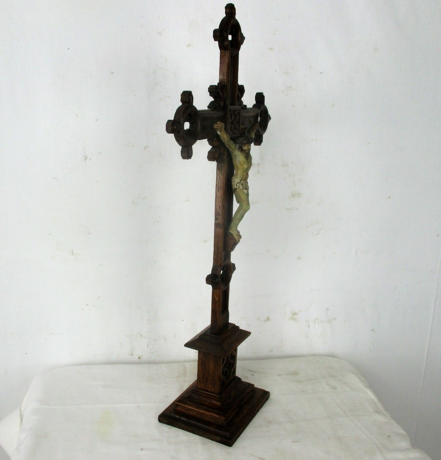 French Standing Crucifix Corpus Christi Hand Carved Wood Oak Plaster Art Piece photo vinterior