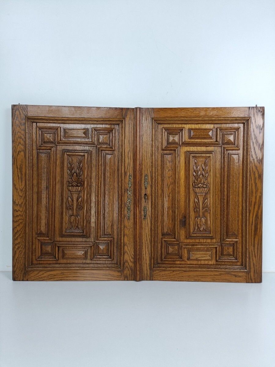 Pair Antique French Hand Carved Wood Oak Door Panels Reclaimed Architectural Bas photo furniture