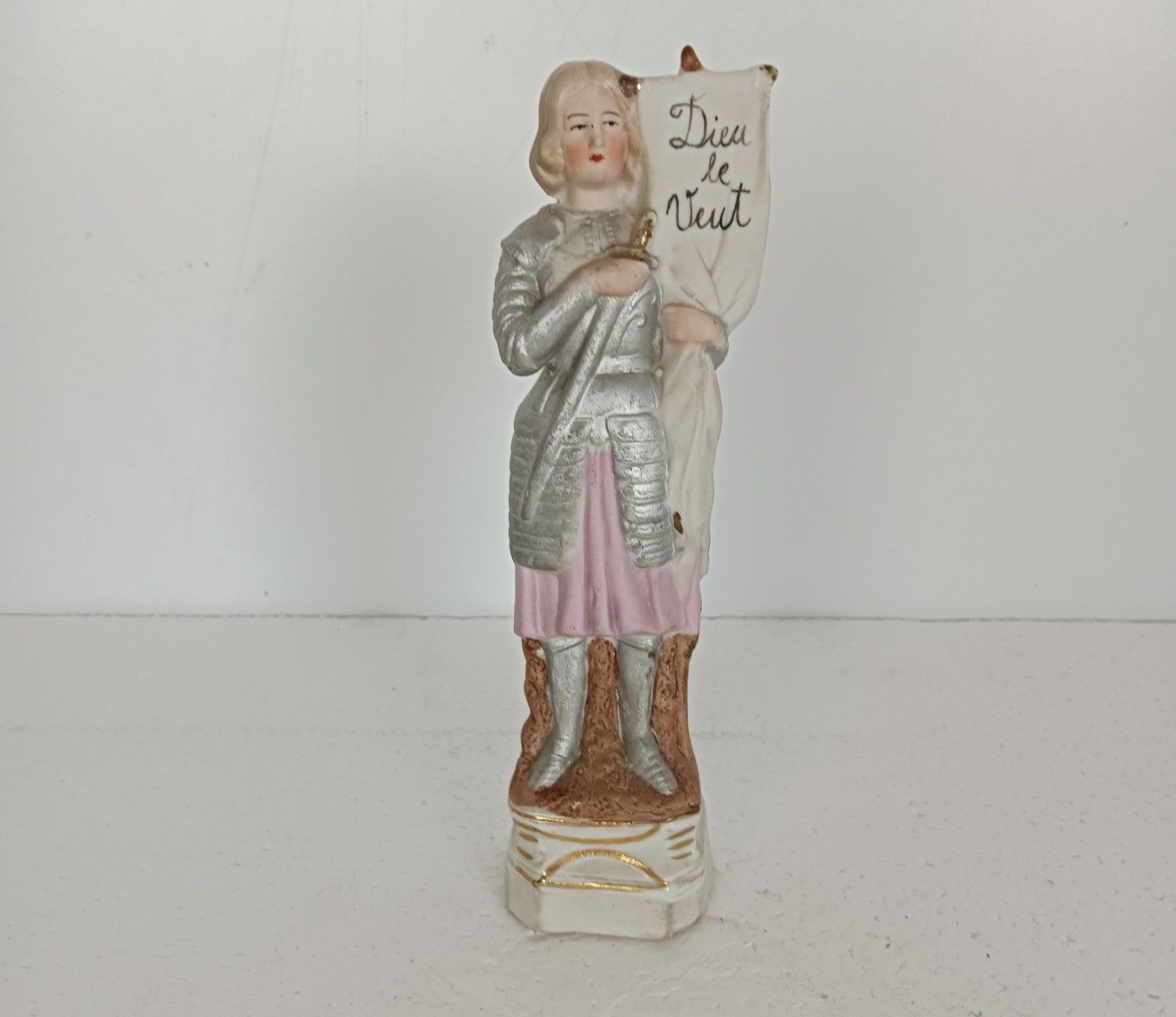 Antique French  Figurine, Joan Of Arc Porcelain Figurine, Jeanne D'arc  Dieu Le photo for sale