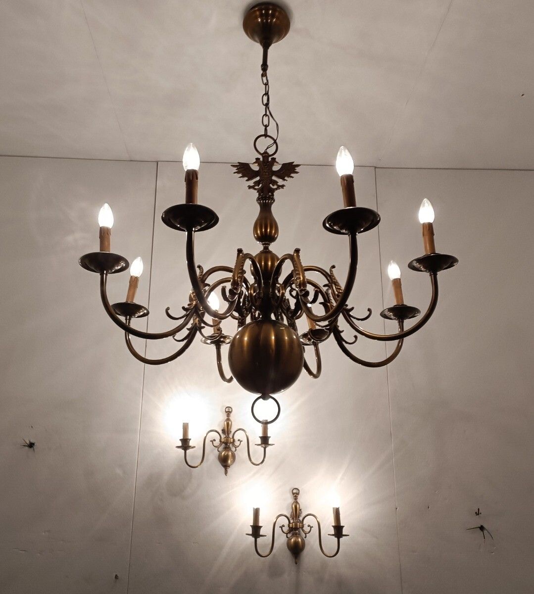Set Of 3  Wall Sconces 1 Large Flemish Dutch Chandelier Very Rare Modernist Bras photo for sale