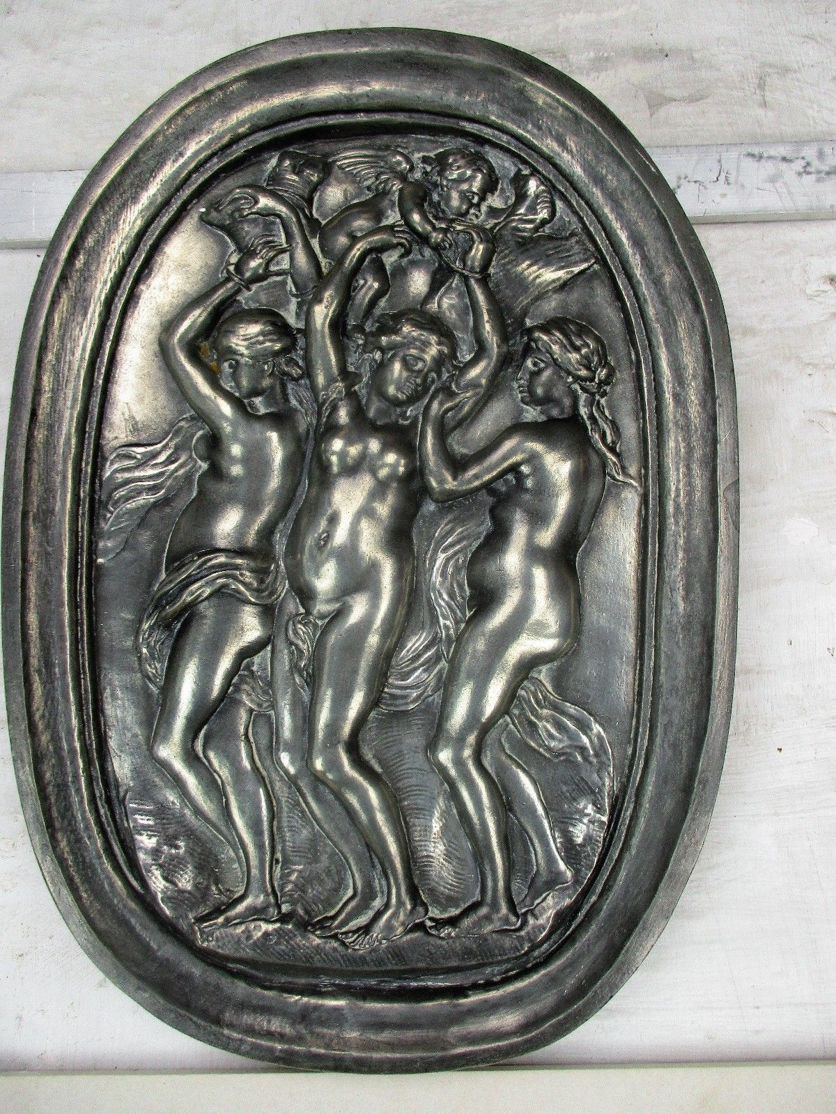 Tin 3 Graces Goddesses Wall Panel Bas Relief Tableaux Nude Wax Seal Mythology photo 278.0