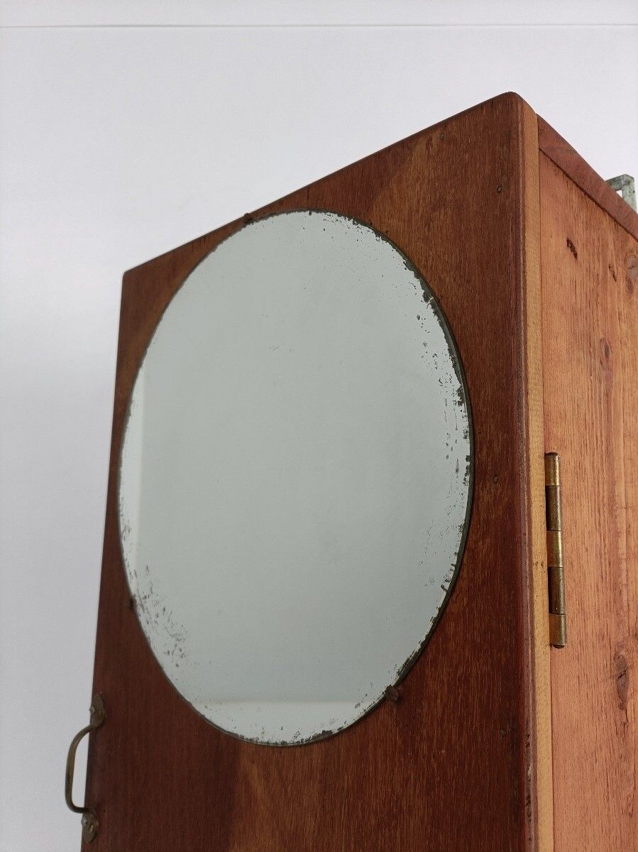 Large Wall Hanging Cabinet Vintage Round  Mirror  Wood Medicine Bathroom Apothec photo 466.0