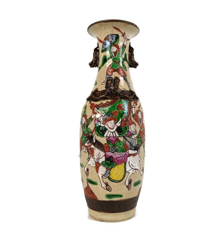 Vintage  Chinese Nanking Nanjing Porcelain Vase Warrior Battle Scene Vintage 30s