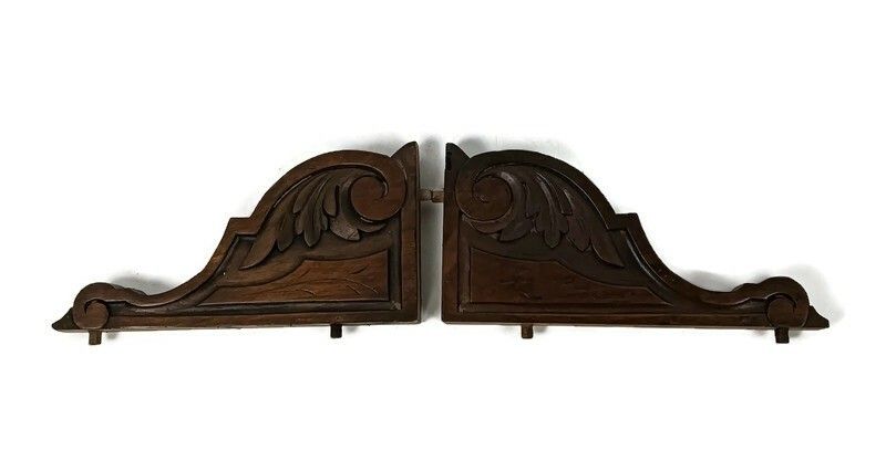 Pair  Corbels Hand Carved Wood Pediment Antique Ornate Finial Architectural Fini