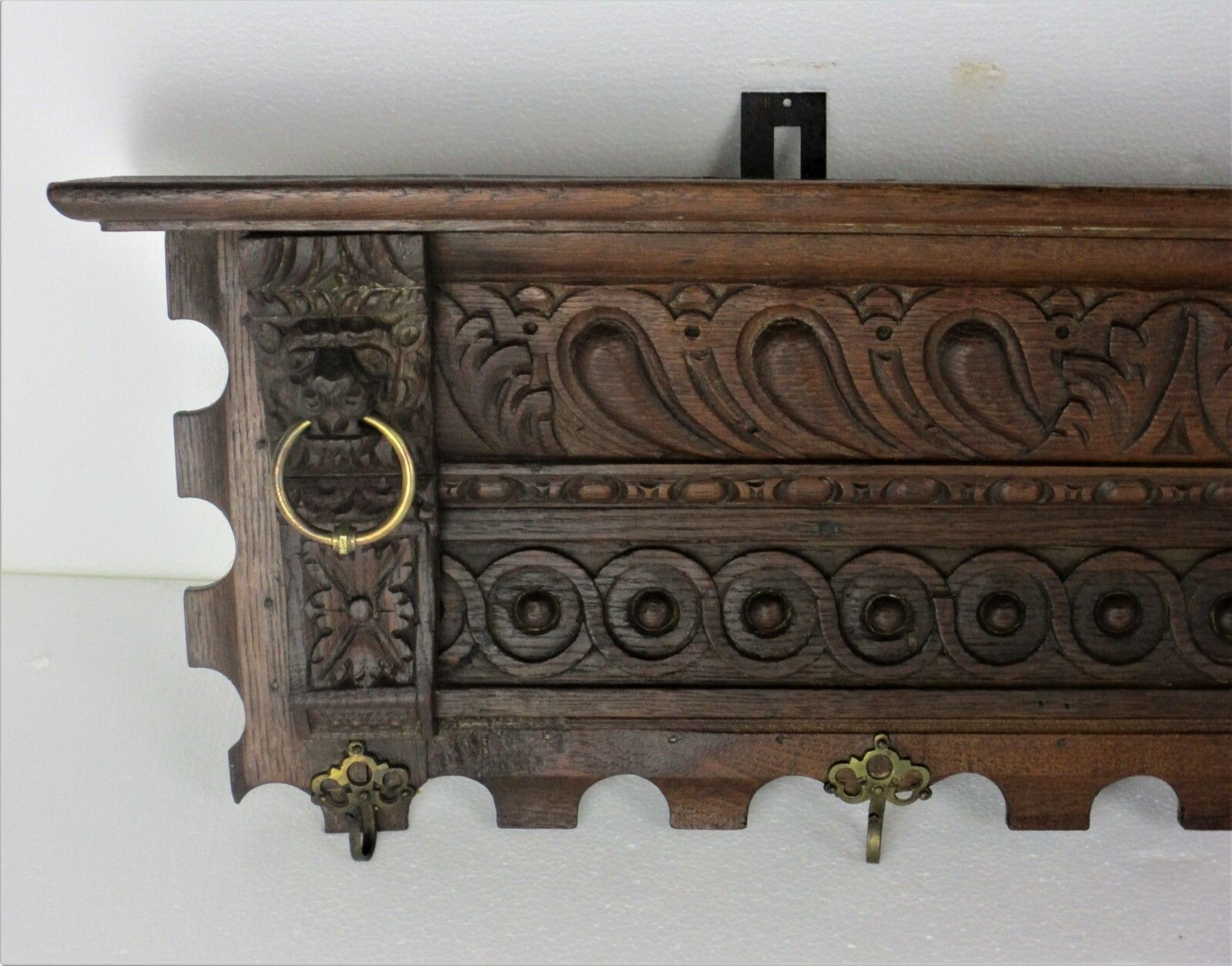 Antique Hand Carved Dark Wood  Wall Shelf Coat Kitchen Rack  Lion Heads Wow photo for sale