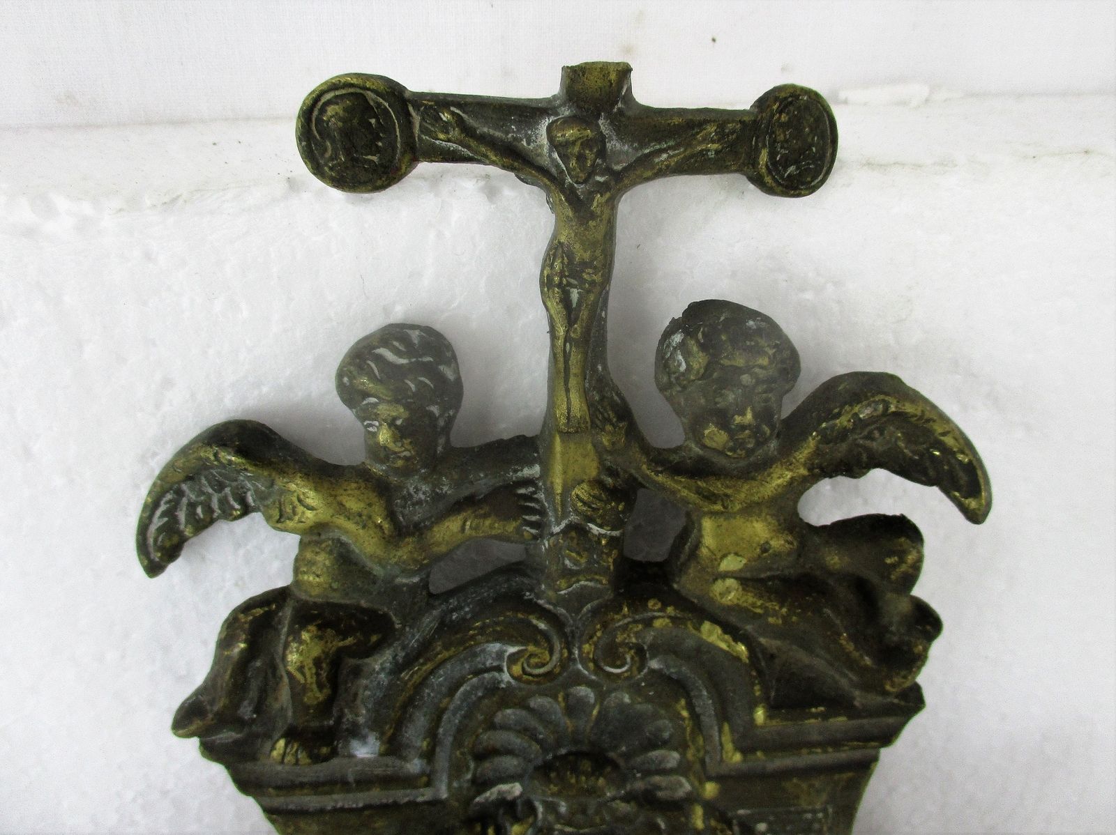 Large Brass Embossed Holy Water Font Angels Virgin Mary Infant Wall Hanging Cruc photo for sale