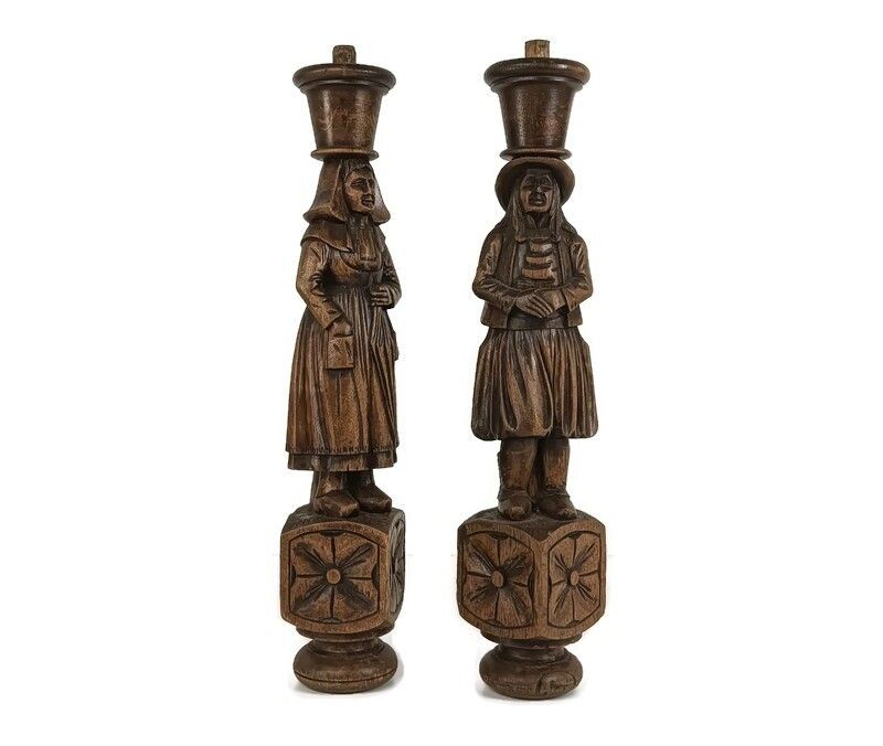 Large Antique Hand Carved Wooden Trims Breton Figures Couple France Reclaimed Ar