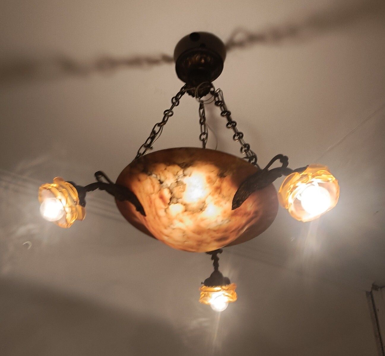 Art Nouveau Pendant Chandelier Alabaster Amber Flower Shades 3 Arm Antique 4 Lig photo furniture