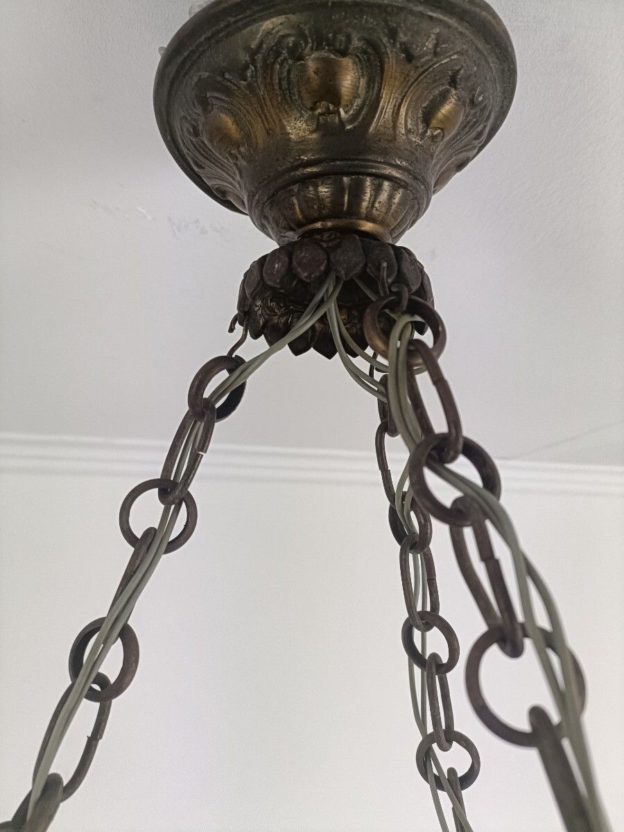 photo for sale Art Nouveau Pendant Chandelier Alabaster Amber Flower Shades 3 Arm Antique 4 Lig