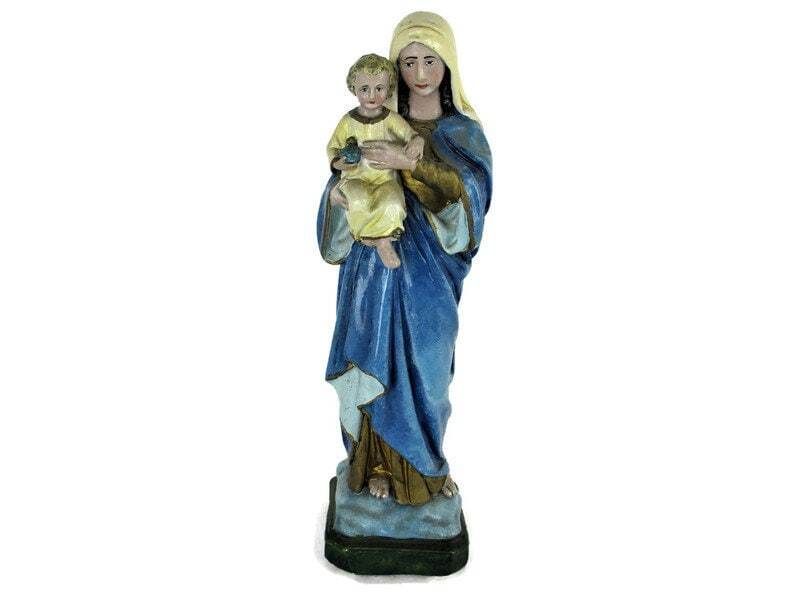 Virgin Mary Madonna Infant Child Plaster Statue Tenderness Plaster Polychrome 16