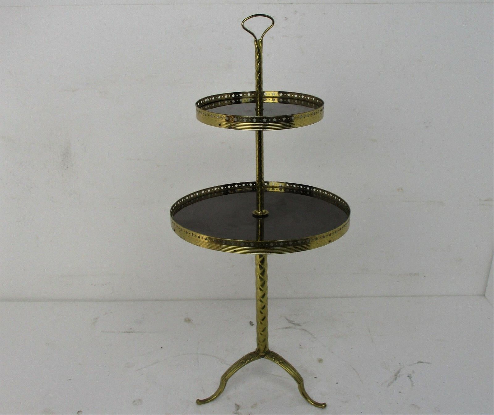 Pedestal Two Tier Cake Stand Vintage Hollywood Regency Style Veneer Brass Htf photo furniture