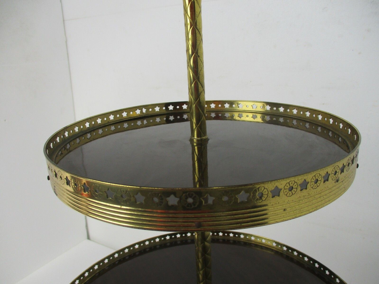 Pedestal Two Tier Cake Stand Vintage Hollywood Regency Style Veneer Brass Htf photo 260.0