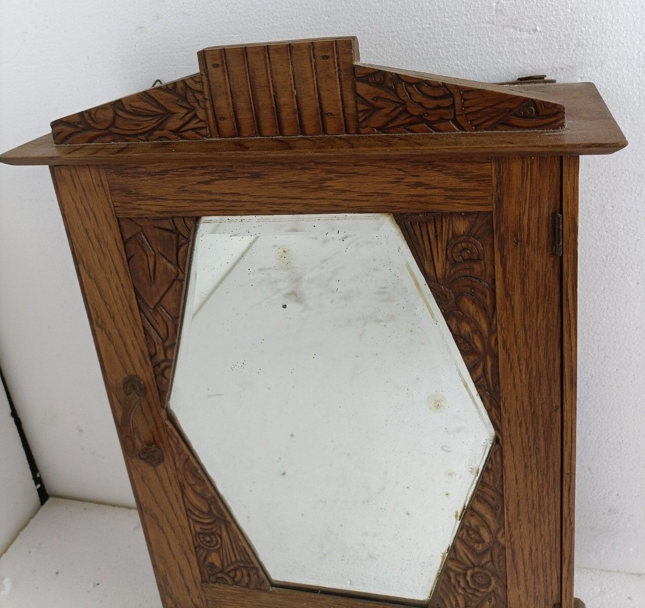 Medicine Apothecary Cabinet Gorgeous Ornate Wood Beveled Glass Japandi Style photo furniture