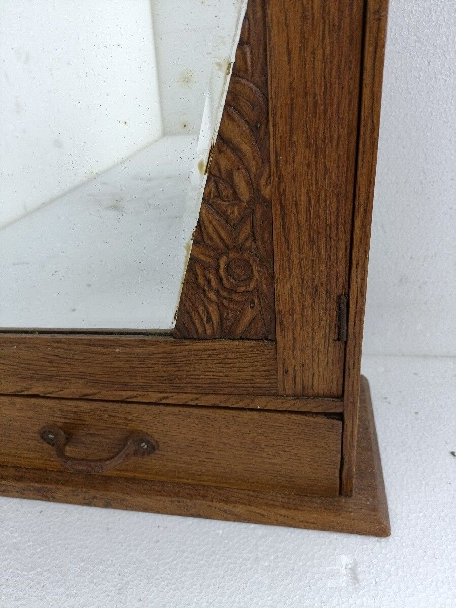 Medicine Apothecary Cabinet Gorgeous Ornate Wood Beveled Glass Japandi Style photo for sale